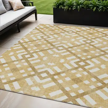 5' X 8' Gold Beige And Tan Geometric Washable Indoor Outdoor Area Rug