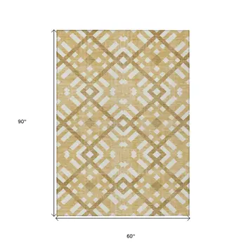 5' X 8' Gold Beige And Tan Geometric Washable Indoor Outdoor Area Rug