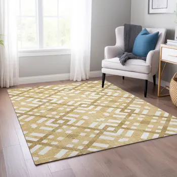 5' X 8' Gold Beige And Tan Geometric Washable Indoor Outdoor Area Rug