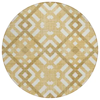 8' Gold Beige And Tan Round Geometric Washable Indoor Outdoor Area Rug