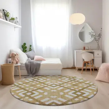 8' Gold Beige And Tan Round Geometric Washable Indoor Outdoor Area Rug