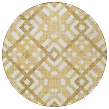 8' Gold Beige And Tan Round Geometric Washable Indoor Outdoor Area Rug