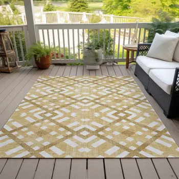 9' X 12' Gold Beige And Tan Geometric Washable Indoor Outdoor Area Rug