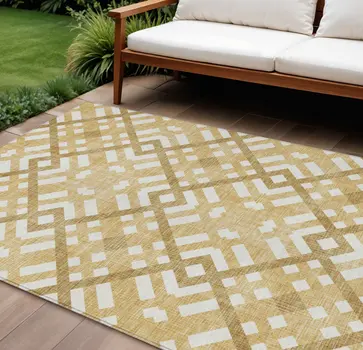 10' X 14' Gold Beige And Tan Geometric Washable Indoor Outdoor Area Rug