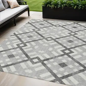 5' X 8' Gray Charcoal And Ivory Geometric Washable Indoor Outdoor Area Rug