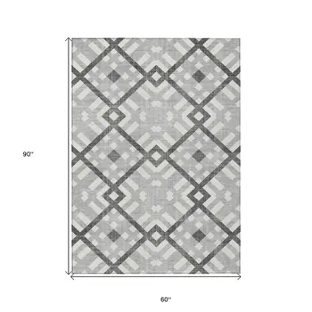 5' X 8' Gray Charcoal And Ivory Geometric Washable Indoor Outdoor Area Rug