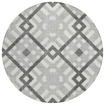 8' Gray Charcoal And Ivory Round Geometric Washable Indoor Outdoor Area Rug