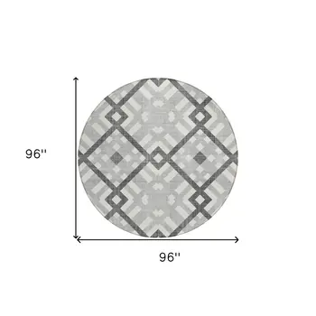 8' Gray Charcoal And Ivory Round Geometric Washable Indoor Outdoor Area Rug