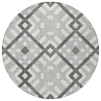 8' Gray Charcoal And Ivory Round Geometric Washable Indoor Outdoor Area Rug