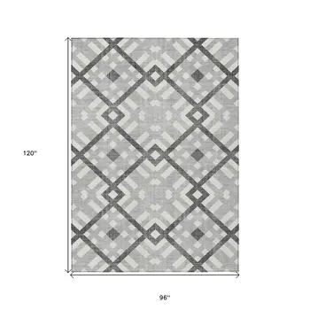 8' X 10' Gray Charcoal And Ivory Geometric Washable Indoor Outdoor Area Rug