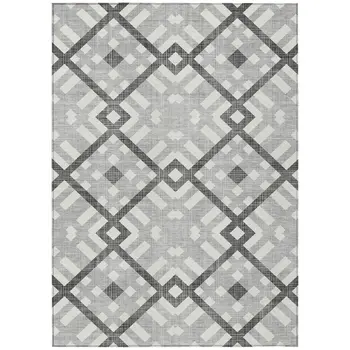 9' X 12' Gray Charcoal And Ivory Geometric Washable Indoor Outdoor Area Rug