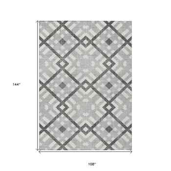 9' X 12' Gray Charcoal And Ivory Geometric Washable Indoor Outdoor Area Rug