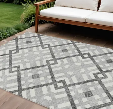 10' X 14' Gray Charcoal And Ivory Geometric Washable Indoor Outdoor Area Rug