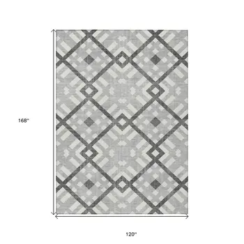 10' X 14' Gray Charcoal And Ivory Geometric Washable Indoor Outdoor Area Rug