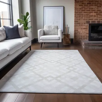 9' X 12' Ivory Beige And Tan Geometric Washable Indoor Outdoor Area Rug