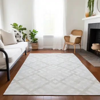 9' X 12' Ivory Beige And Tan Geometric Washable Indoor Outdoor Area Rug