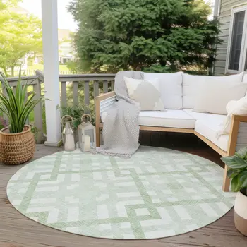 8' Mint Green And Ivory Round Geometric Washable Indoor Outdoor Area Rug