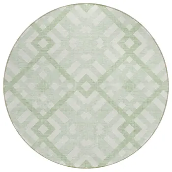 8' Mint Green And Ivory Round Geometric Washable Indoor Outdoor Area Rug