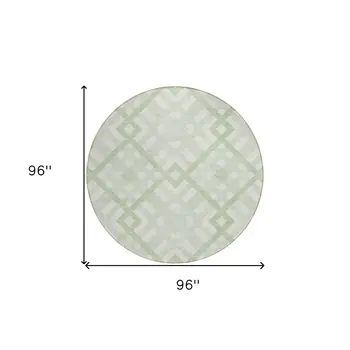 8' Mint Green And Ivory Round Geometric Washable Indoor Outdoor Area Rug