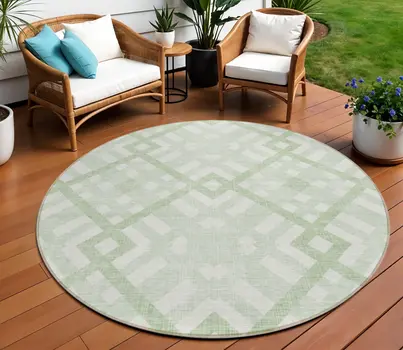 8' Mint Green And Ivory Round Geometric Washable Indoor Outdoor Area Rug