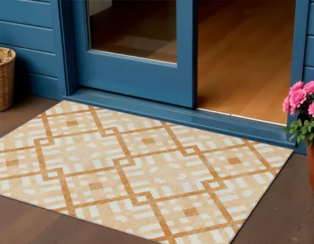 3' X 5' Peach Orange And Ivory Geometric Washable Indoor Outdoor Area Rug