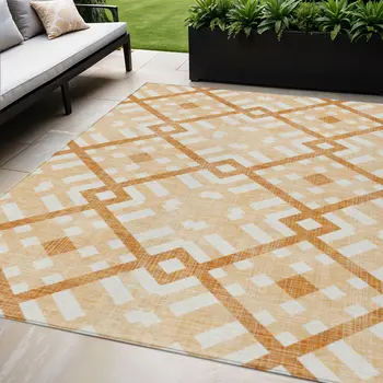 5' X 8' Peach Orange And Ivory Geometric Washable Indoor Outdoor Area Rug