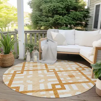8' Peach Orange And Ivory Round Geometric Washable Indoor Outdoor Area Rug