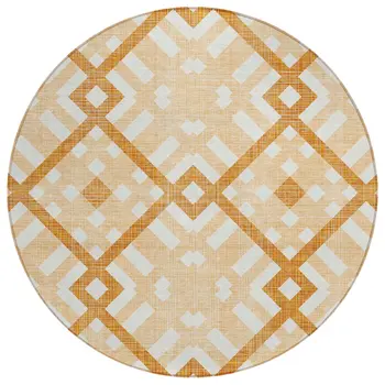 8' Peach Orange And Ivory Round Geometric Washable Indoor Outdoor Area Rug