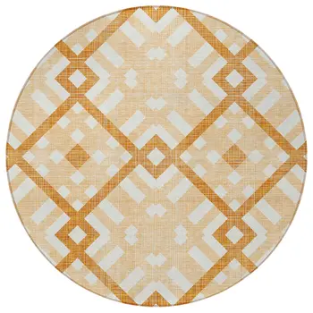8' Peach Orange And Ivory Round Geometric Washable Indoor Outdoor Area Rug