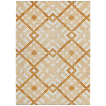 9' X 12' Peach Orange And Ivory Geometric Washable Indoor Outdoor Area Rug