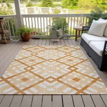 9' X 12' Peach Orange And Ivory Geometric Washable Indoor Outdoor Area Rug