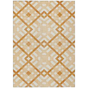 9' X 12' Peach Orange And Ivory Geometric Washable Indoor Outdoor Area Rug