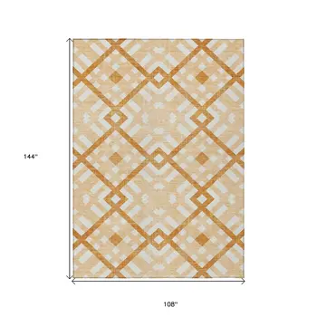 9' X 12' Peach Orange And Ivory Geometric Washable Indoor Outdoor Area Rug