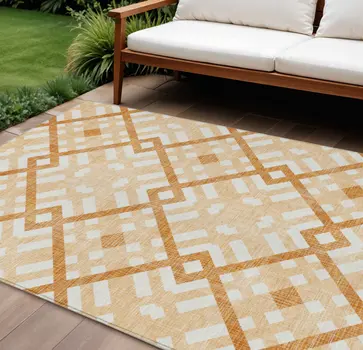 10' X 14' Peach Orange And Ivory Geometric Washable Indoor Outdoor Area Rug