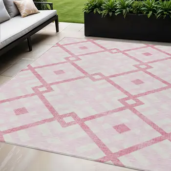 5' X 8' Pink Blush And Ivory Geometric Washable Indoor Outdoor Area Rug