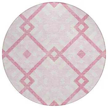 8' Pink Blush And Ivory Round Geometric Washable Indoor Outdoor Area Rug