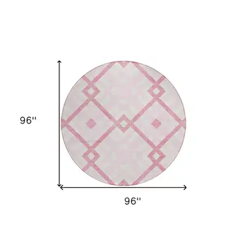 8' Pink Blush And Ivory Round Geometric Washable Indoor Outdoor Area Rug