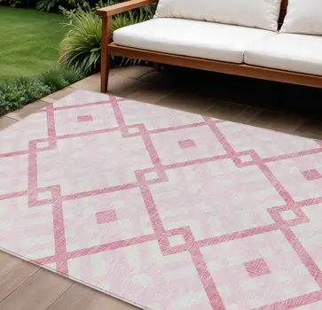 10' X 14' Pink Blush And Ivory Geometric Washable Indoor Outdoor Area Rug