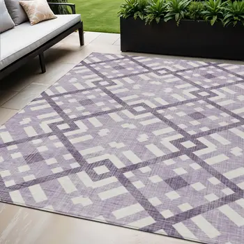 5' X 8' Purple Lilac And Ivory Geometric Washable Indoor Outdoor Area Rug