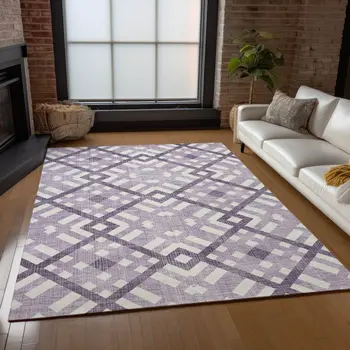 9' X 12' Purple Lilac And Ivory Geometric Washable Indoor Outdoor Area Rug