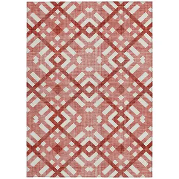 3' X 5' Red And Ivory Geometric Washable Indoor Outdoor Area Rug