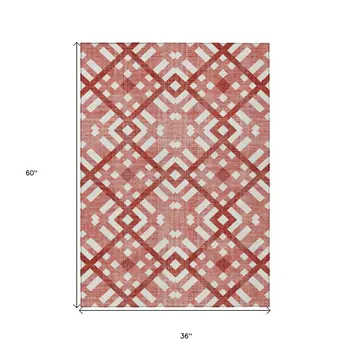 3' X 5' Red And Ivory Geometric Washable Indoor Outdoor Area Rug