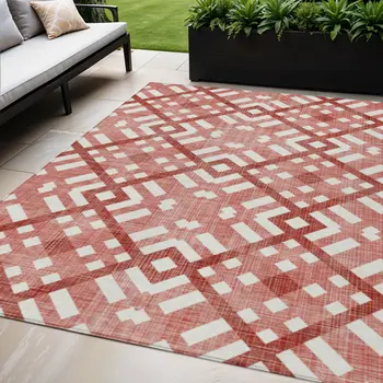 5' X 8' Red And Ivory Geometric Washable Indoor Outdoor Area Rug
