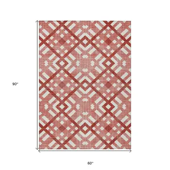 5' X 8' Red And Ivory Geometric Washable Indoor Outdoor Area Rug