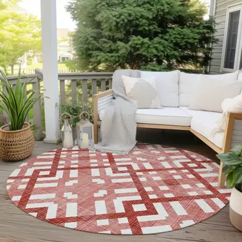 8' Red And Ivory Round Geometric Washable Indoor Outdoor Area Rug