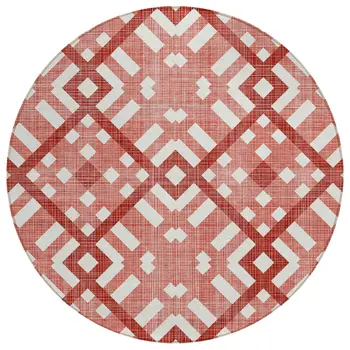 8' Red And Ivory Round Geometric Washable Indoor Outdoor Area Rug