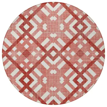 8' Red And Ivory Round Geometric Washable Indoor Outdoor Area Rug
