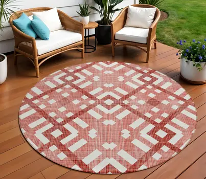 8' Red And Ivory Round Geometric Washable Indoor Outdoor Area Rug
