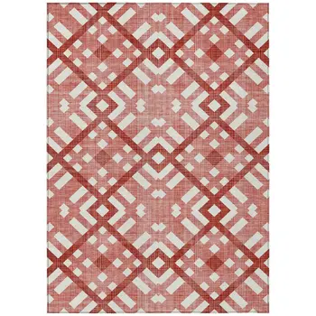 9' X 12' Red And Ivory Geometric Washable Indoor Outdoor Area Rug