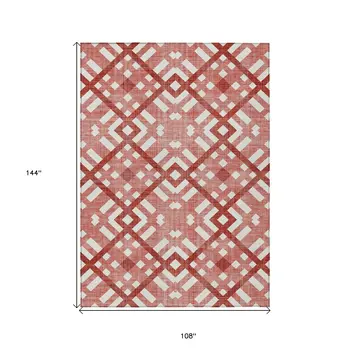 9' X 12' Red And Ivory Geometric Washable Indoor Outdoor Area Rug